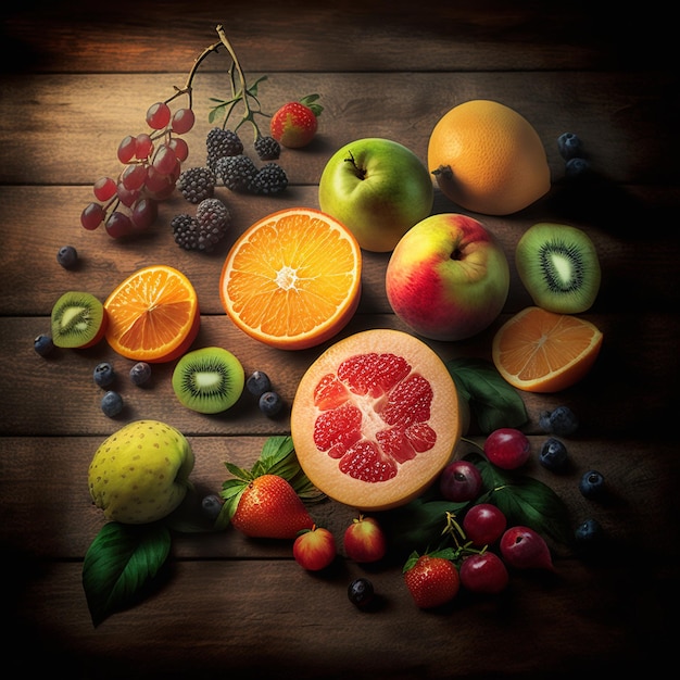 Assortimento di frutta fresca esotica sulla tavola di legno rustica