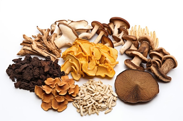 Assortimento di funghi su sfondo bianco