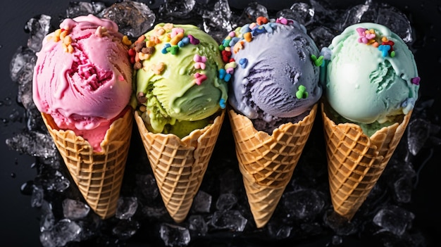 Assortimento di gelato in coni di zucchero