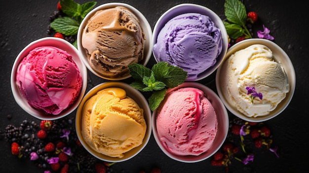 Assortimento di gelato in coni di zucchero