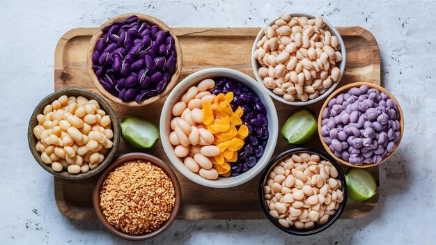 Assortimento di legumi e fagioli in diverse ciotole su una vista superiore in pietra chiara