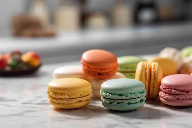 Assortimento di macaron colorati visualizzato su un marmo bianco