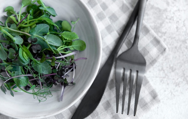 Assortimento di micro green su fondo in cemento. Uno stile di vita sano