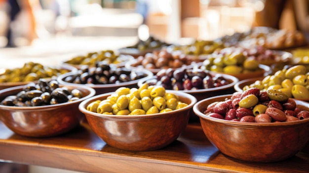 Assortimento di olive in ciotole di legno sul bancone del mercato