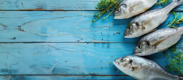 Assortimento di pesce fresco e erbe vegetali su uno sfondo di legno blu con spazio per il testo