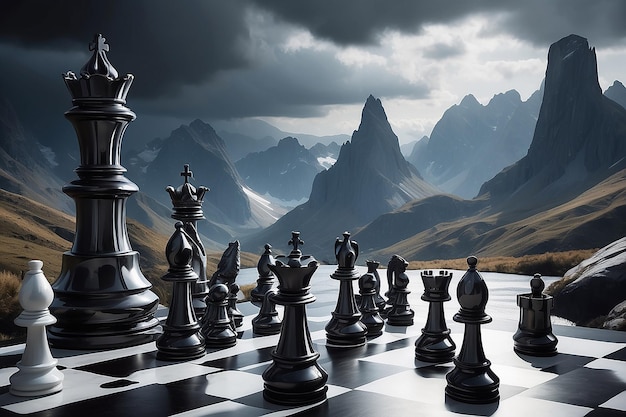 Assortimento di pezzi di scacchi con paesaggi drammatici