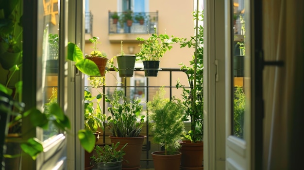 Assortimento di piante in vaso su una ringhiera del balcone con vista sulla città