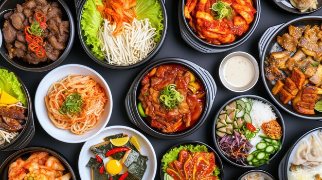 Assortimento di piatti tradizionali coreani cibo asiatico Top view Generative Ai