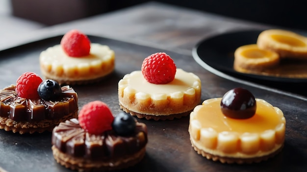 assortimento di torte e tazza di tè su un tavolo di legno nero