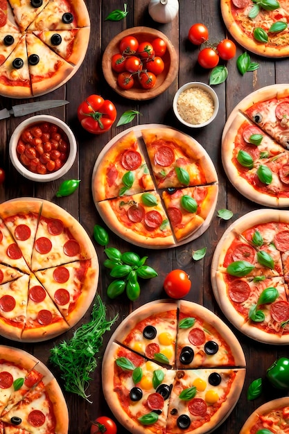 Assortimento di vari tipi di pizza italiana su uno sfondo di legno marrone stile rustico composizione piatta