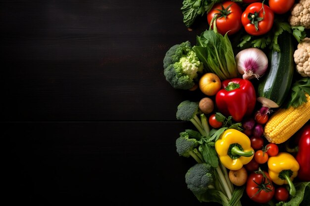 Assortimento di verdure fresche visualizzate su una superficie di legno nera IA generativa