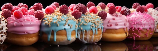 Assortimento e collage di deliziose ciambelle glassate, un dessert popolare. Foto vista dall'alto per pasticceria