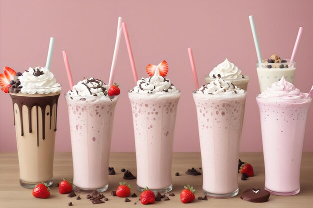 assortimento fotografico di bicchieri da milkshake con frutta e cioccolato