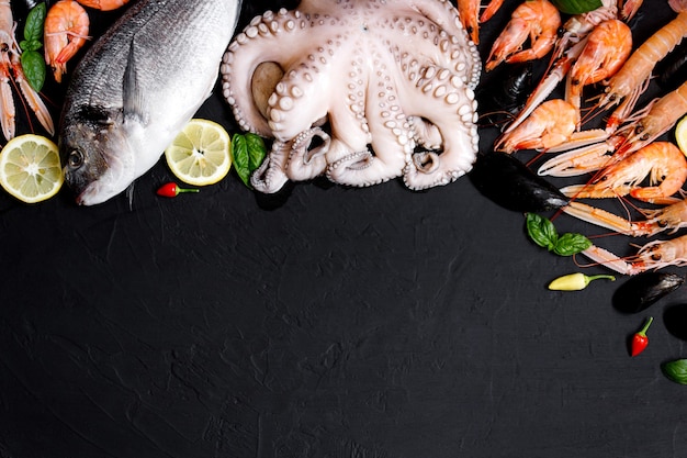 Assortimento sano di pesce e frutti di mare su sfondo nero. Vista dall'alto. Frutti di mare su fondo rustico nero.