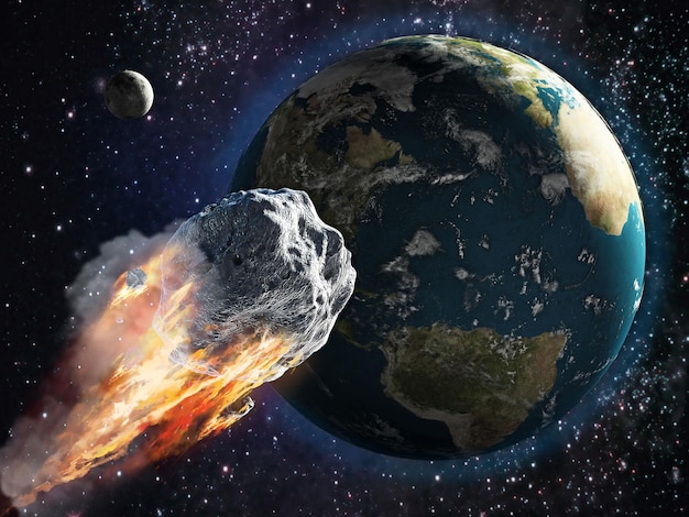 Asteroide in fiamme che si muove attraverso l'illustrazione 3d della Terra