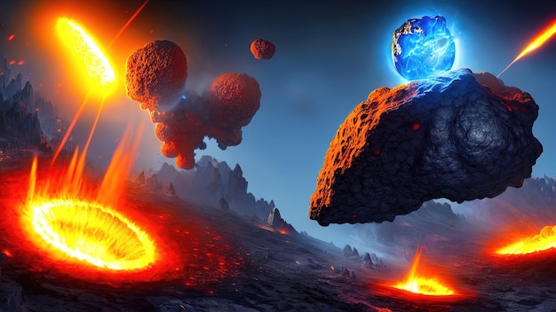 Asteroidi spaziali che cadono sul pianeta esplosioni e collisioni di comete nello spazio Paesaggio cosmico di fantasia della formazione dell'universo illustrazione 3d del big bang