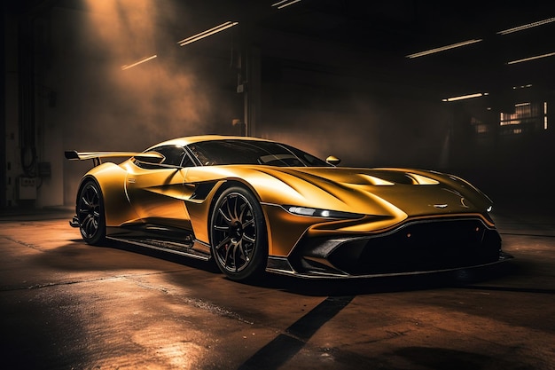 Aston Martin Vulcan dorata con atmosfera fumè