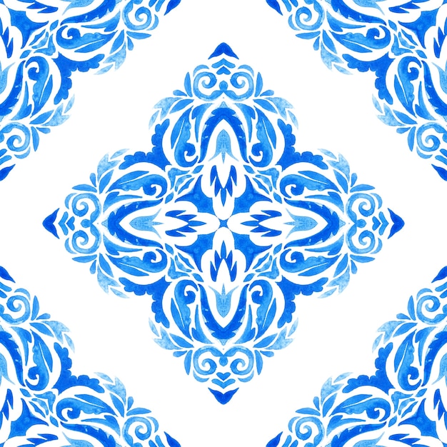 Astratto blu e bianco disegnato a mano damascato piastrelle ornamentali senza soluzione di continuità retrò modello di pittura ad acquerello. Lusso elegante Texture disegnata a mano per sfondi, sfondi e riempimento pagina blu e bianco