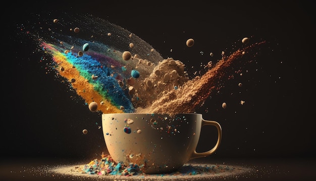 Astratto caffè colorato in tazza con caduta di diversi colori e texture splash IA generativa