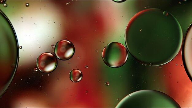 Astratto cibo colorato gocce di olio bolle e sfere che scorre sulla superficie dell'acqua macrofotografia