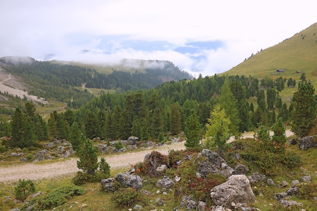 Astratto colorato paesaggio autunnale con cime e nuvole in una mattinata nebbiosa Dolomiti Italia