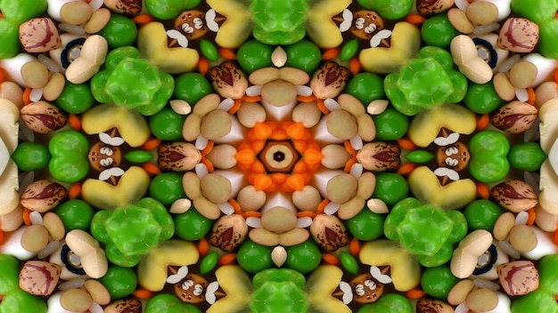 Astratto concetto di cibo vegetale modello simmetrico movimento caleidoscopio decorativo ornamentale cerchio geometrico e forme a stella