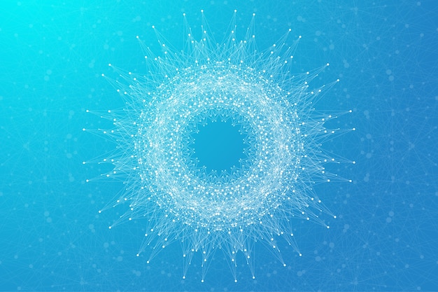 Astratto geometrico con linea e punti collegati, grafica radiale. Visualizzazione dello sfondo caotico del minimalismo. Segno lineare, simbolo. Illustrazione di grandi dati.