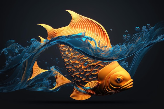 Astratto grande pesce arancione sopra le onde del mare blu su sfondo nero d render illustrazione digitale