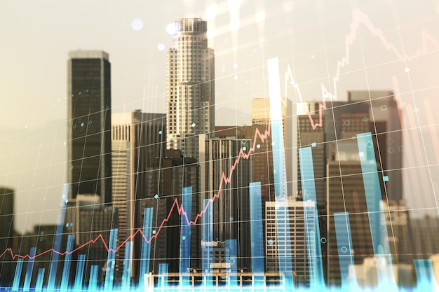 Astratto ologramma grafico finanziario virtuale sullo sfondo dello skyline di Los Angeles forex e concetto di investimento Esposizione multipla