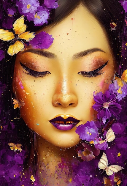 Astratto ritratto colorato di una bella geisha con le farfalle Donna carina alla moda