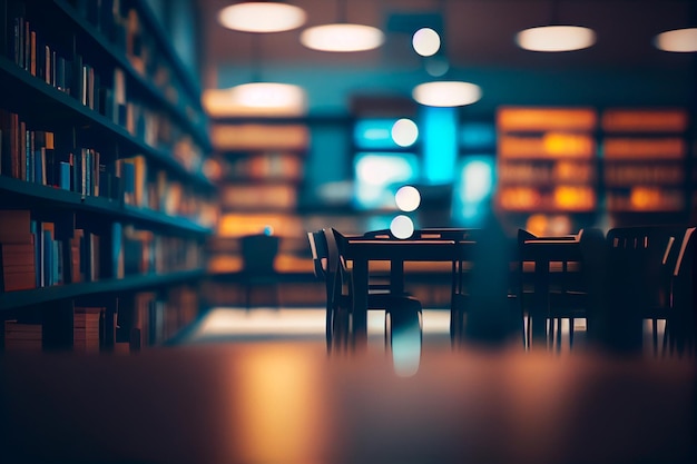 Astratto sfocato spazio interno della biblioteca del college vuoto Aula sfocata con scaffali per effetto sfocato IA generativa