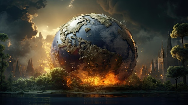 Astratto sfondo apocalittico che brucia ed esplode il pianeta in stile arte digitale Concetto di cambiamento climatico