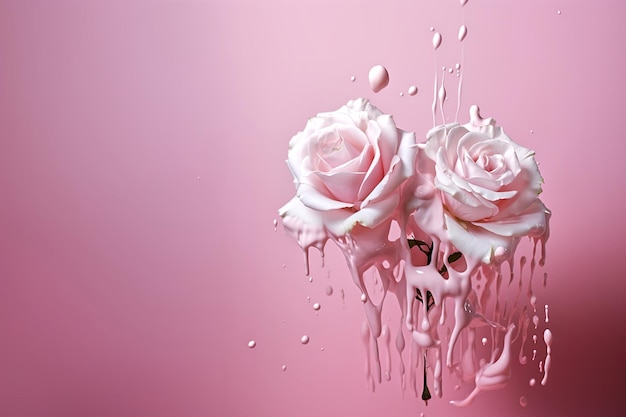 Astratto sfondo espressivo Banner Rose con vernice liquida spruzzata di liquido che versa sopra le rose