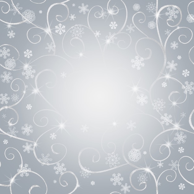 Astratto sfondo grigio invernale con motivo orientale argento, fiocchi di neve bianchi e spazio per il testo. Concetto Felice Anno Nuovo e Buon Natale.
