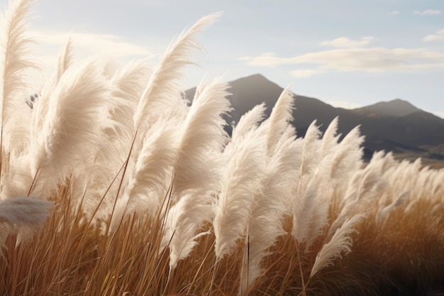 Astratto sfondo naturale di piante morbide Cortaderia selloana Pampas erba su un bokeh sfocato Canne secche stile boho Soffici steli di erba alta ai generativa