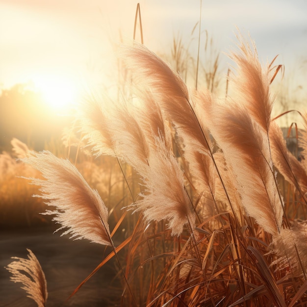 Astratto sfondo naturale di piante morbide Cortaderia selloana Pampas erba su un bokeh sfocato Canne secche stile boho Soffici steli di erba alta ai generativa