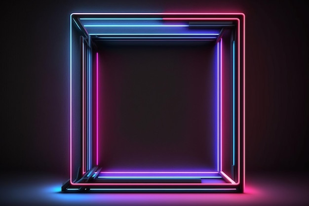 astratto sfondo nero rosso rosa blu neon linea geometrica cornice quadrata incandescente IA generativa