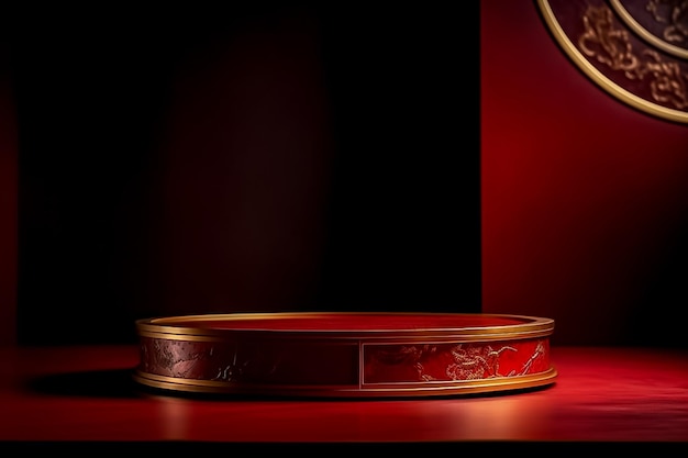 Astratto sfondo rosso podio con decorazione in oro AI generato