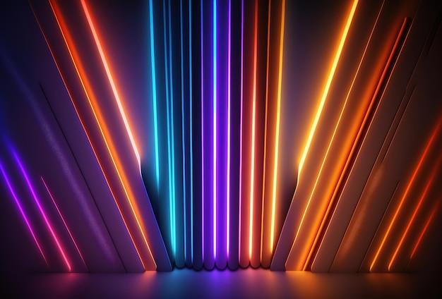 Astratto sfondo scuro psichedelico multicolore linee rette al neon incandescente fantasia immersiva corridoio interno galleria rendering 3D AI generato
