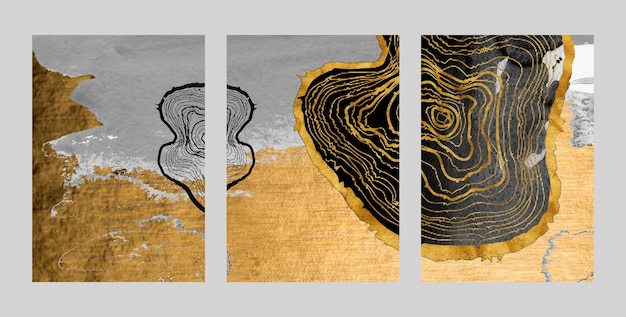 Astratto, tre figure, portico, sfondo dorato. La moda del muro d'arte moderna
