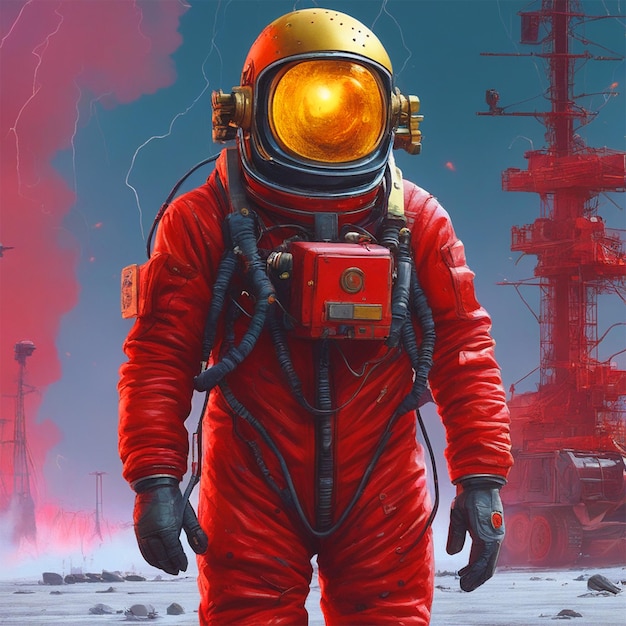 Astronauta 2045 Casco dorato Giacca di pelle rossa Illustrazione nello stile di Simon Stalenhag