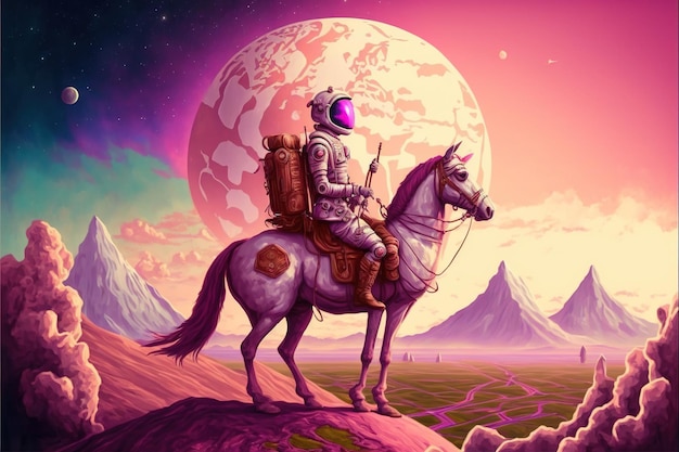 Astronauta a cavallo che viaggia verso una terra magica stile arte digitale illustrazione pittura concetto di fantasia di un viaggiatore a cavallo