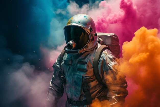 Astronauta al neon con casco spaziale nel mezzo di un'illustrazione di fumo multicolore