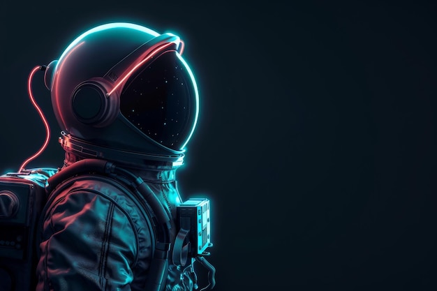 Astronauta al neon in tuta spaziale con luci luminose isolate su sfondo nero AI generativa