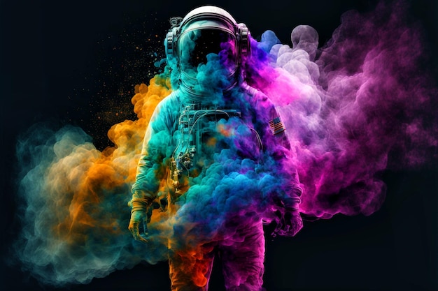 Astronauta al neon nel casco spaziale nel mezzo di un'illustrazione di fumo multicolore