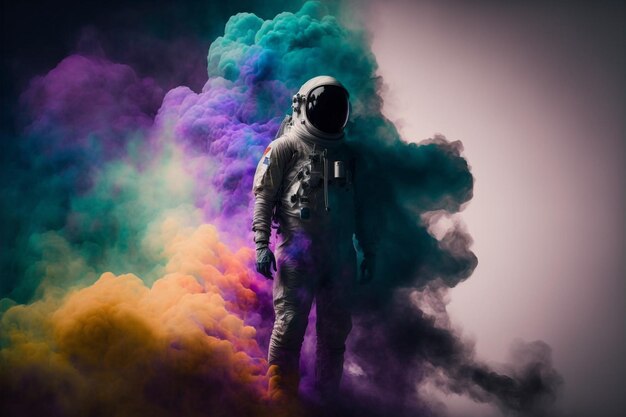 Astronauta al neon nel casco spaziale nel mezzo di un'illustrazione di fumo multicolore