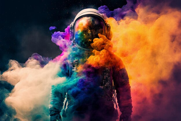 Astronauta al neon nel casco spaziale nel mezzo di un'illustrazione di fumo multicolore