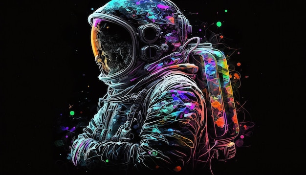 Astronauta al neon su sfondo nero messa a fuoco selettiva IA generativa