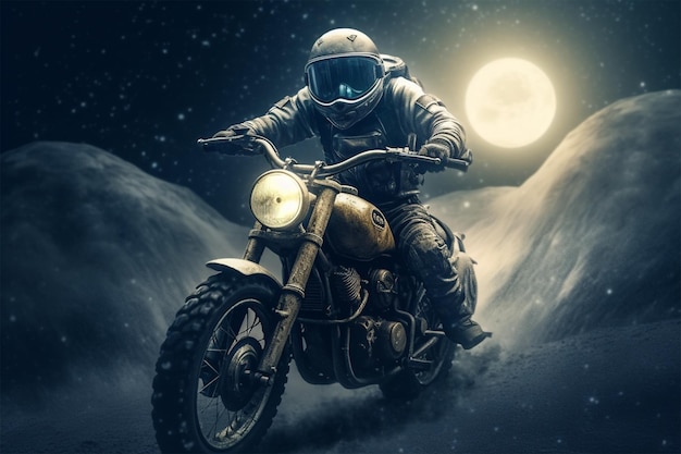 astronauta alla guida di una moto sulla luna