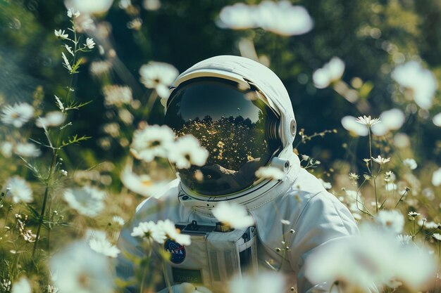 astronauta arafed in un campo di fiori con un alveare generativo ai